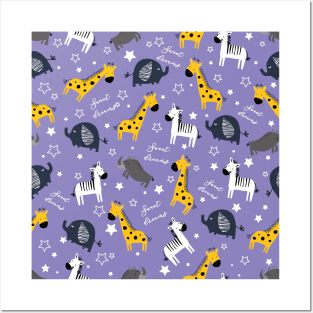 Sweet dreams little one zoo animals cute pattern purple Posters and Art